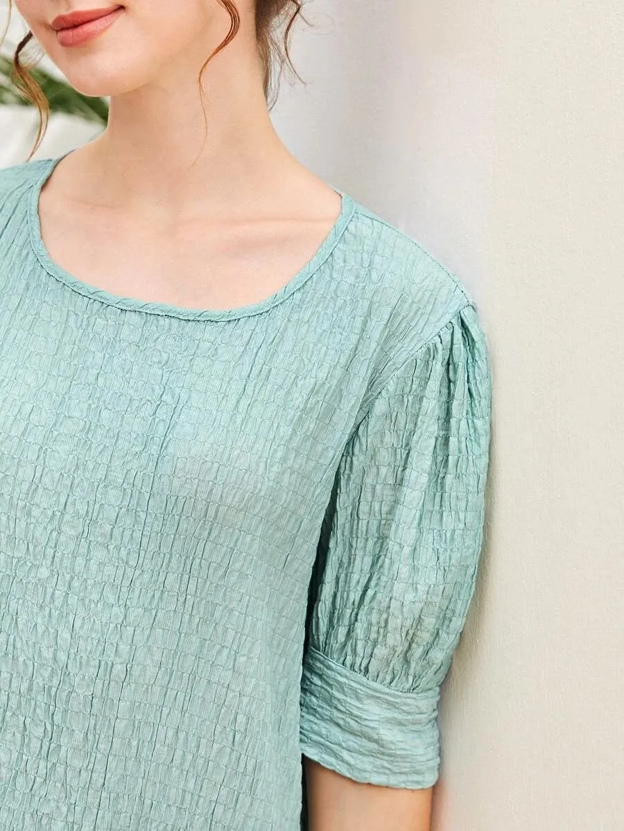CM-DS507410 Women Casual Seoul Style Round Neck Puff Sleeve Lettuce Trim Tunic Dress - Mint Green