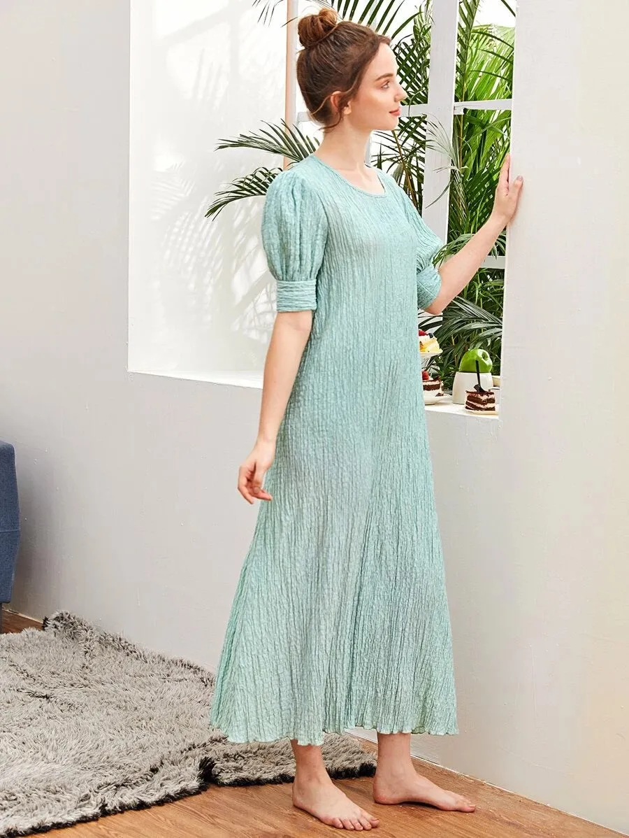 CM-DS507410 Women Casual Seoul Style Round Neck Puff Sleeve Lettuce Trim Tunic Dress - Mint Green
