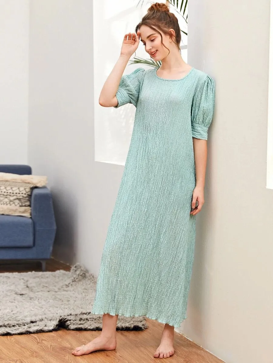 CM-DS507410 Women Casual Seoul Style Round Neck Puff Sleeve Lettuce Trim Tunic Dress - Mint Green