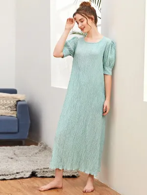 CM-DS507410 Women Casual Seoul Style Round Neck Puff Sleeve Lettuce Trim Tunic Dress - Mint Green