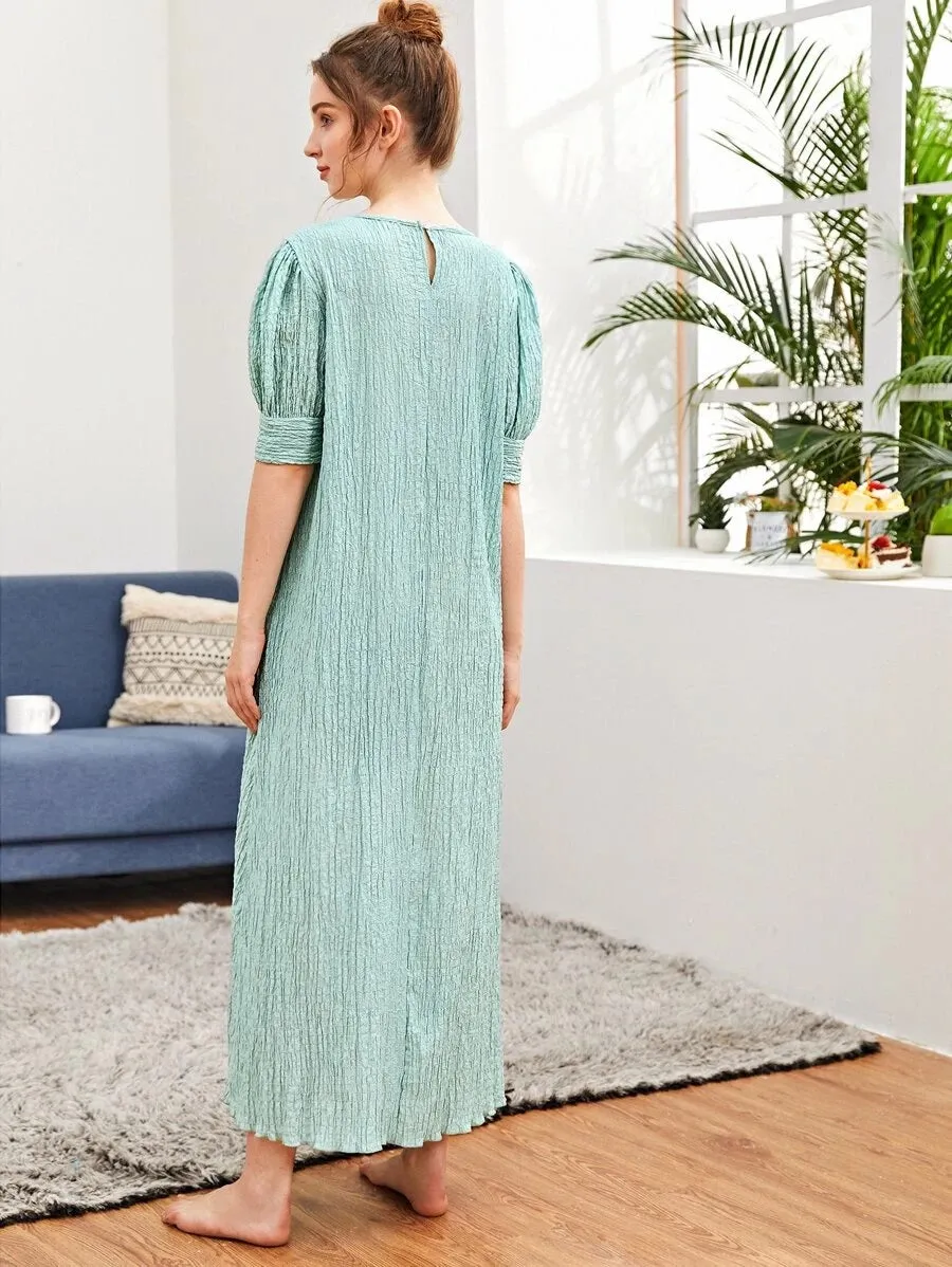 CM-DS507410 Women Casual Seoul Style Round Neck Puff Sleeve Lettuce Trim Tunic Dress - Mint Green