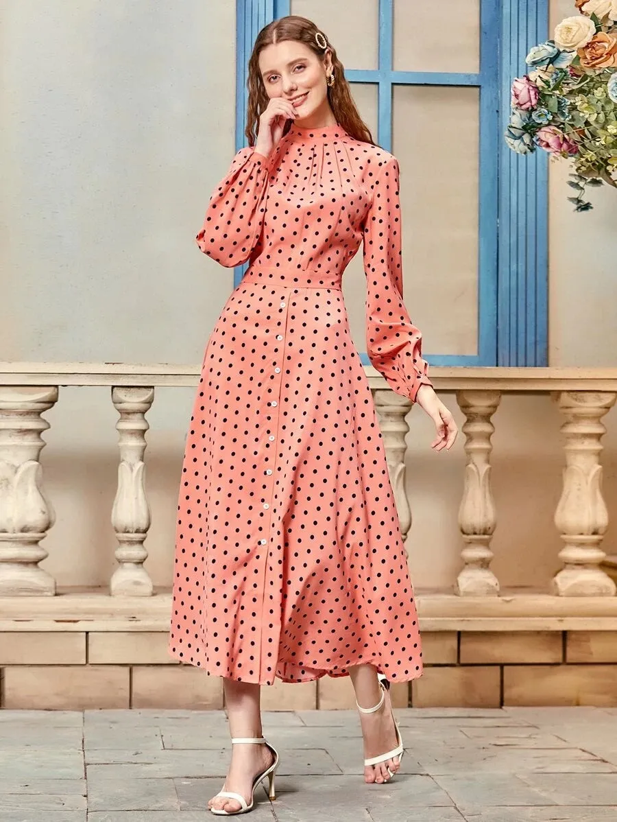 CM-DS529086 Women Elegant Seoul Style Long Sleeve Polka Dot Mock Neck A-Line Dress - Pink