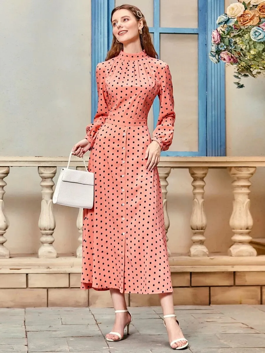 CM-DS529086 Women Elegant Seoul Style Long Sleeve Polka Dot Mock Neck A-Line Dress - Pink