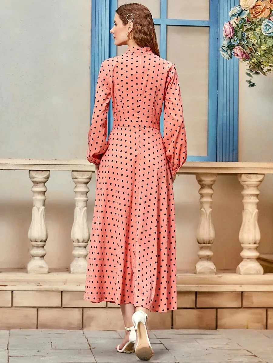 CM-DS529086 Women Elegant Seoul Style Long Sleeve Polka Dot Mock Neck A-Line Dress - Pink