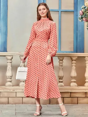 CM-DS529086 Women Elegant Seoul Style Long Sleeve Polka Dot Mock Neck A-Line Dress - Pink