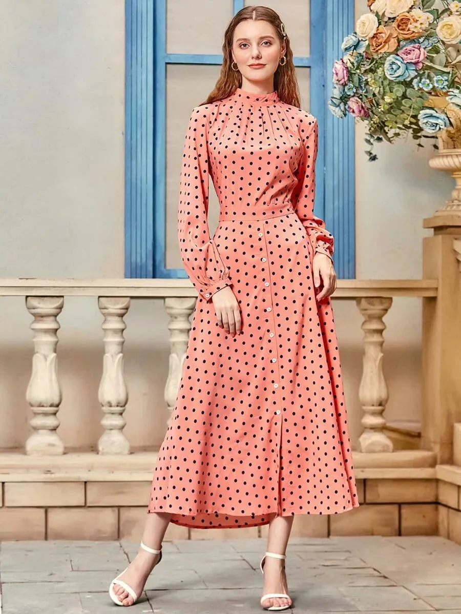 CM-DS529086 Women Elegant Seoul Style Long Sleeve Polka Dot Mock Neck A-Line Dress - Pink