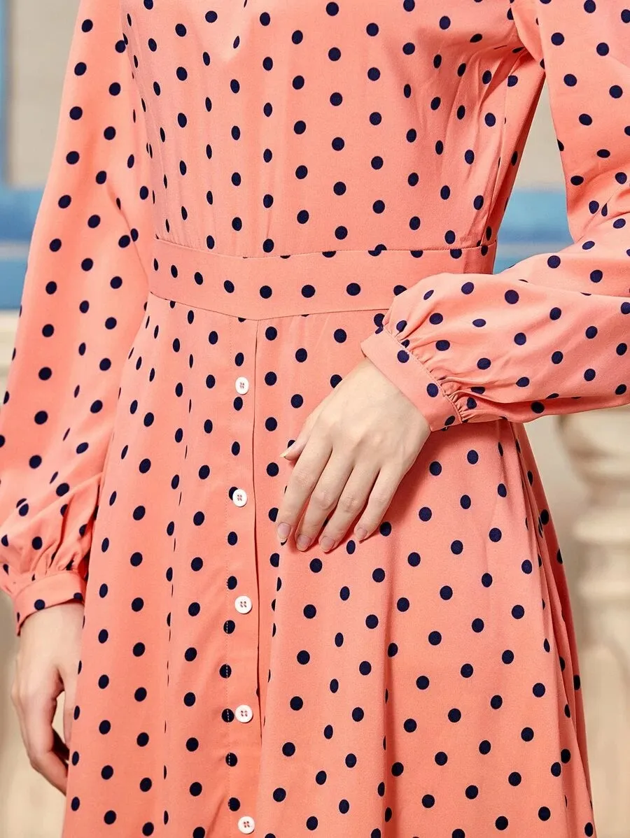 CM-DS529086 Women Elegant Seoul Style Long Sleeve Polka Dot Mock Neck A-Line Dress - Pink
