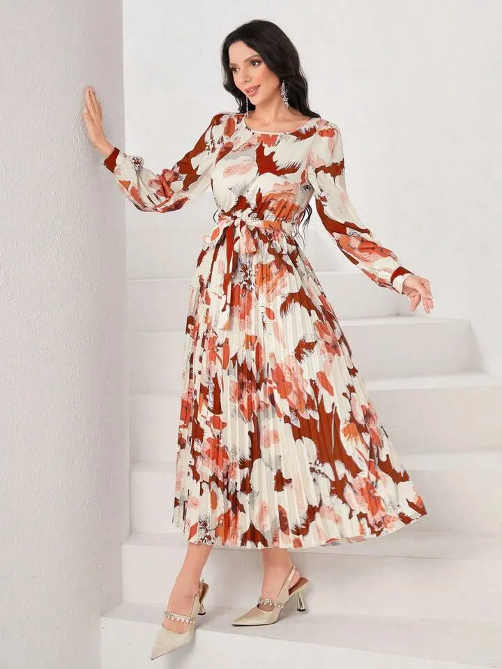 CM-DS548553 Women Casual Seoul Style Floral Print Round Neck Pleated Hem Dress