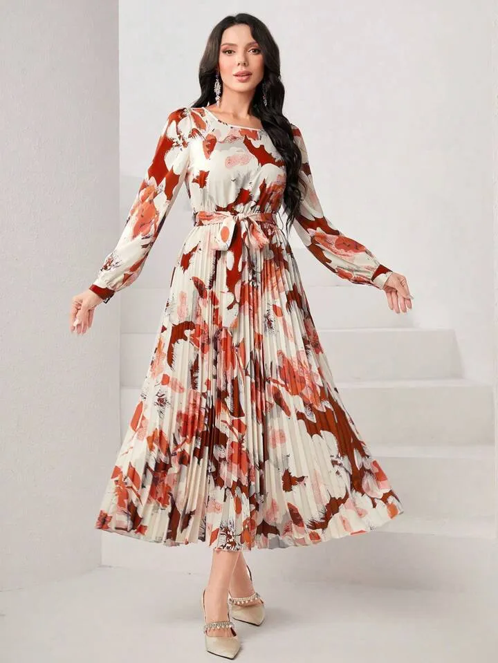 CM-DS548553 Women Casual Seoul Style Floral Print Round Neck Pleated Hem Dress