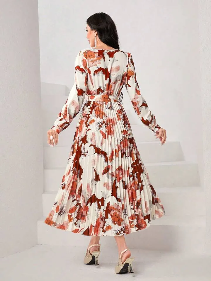 CM-DS548553 Women Casual Seoul Style Floral Print Round Neck Pleated Hem Dress