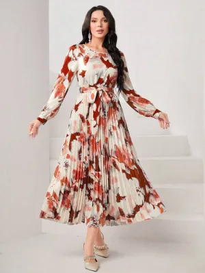 CM-DS548553 Women Casual Seoul Style Floral Print Round Neck Pleated Hem Dress