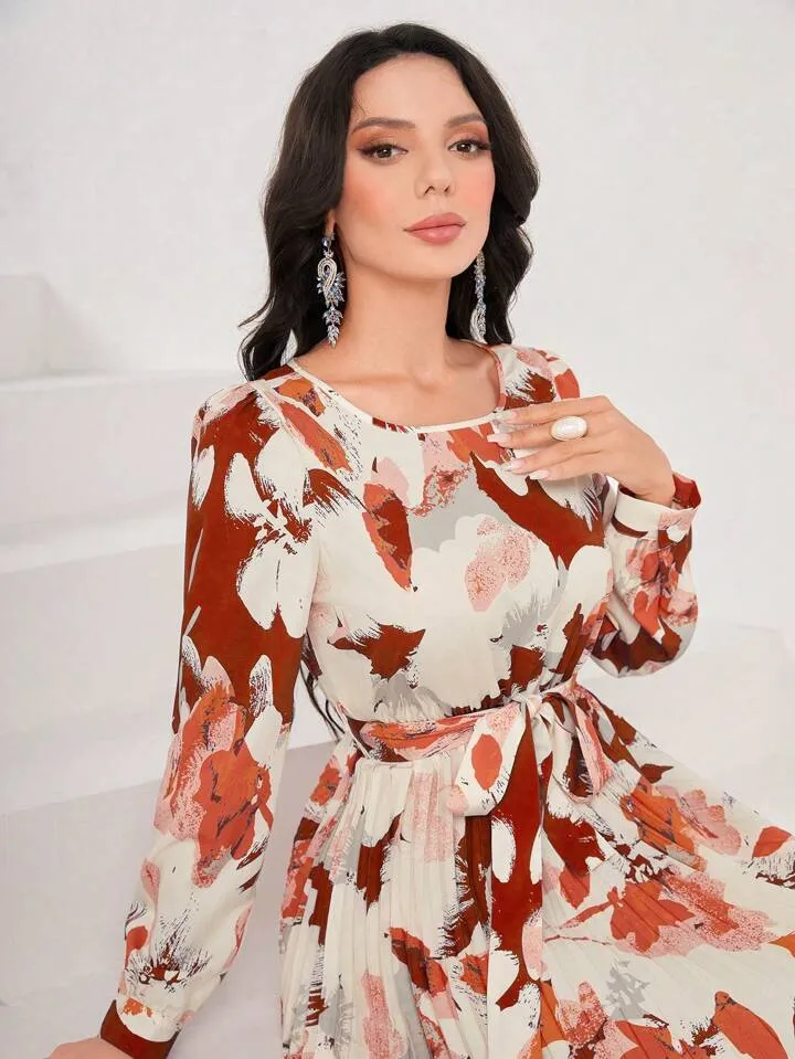 CM-DS548553 Women Casual Seoul Style Floral Print Round Neck Pleated Hem Dress