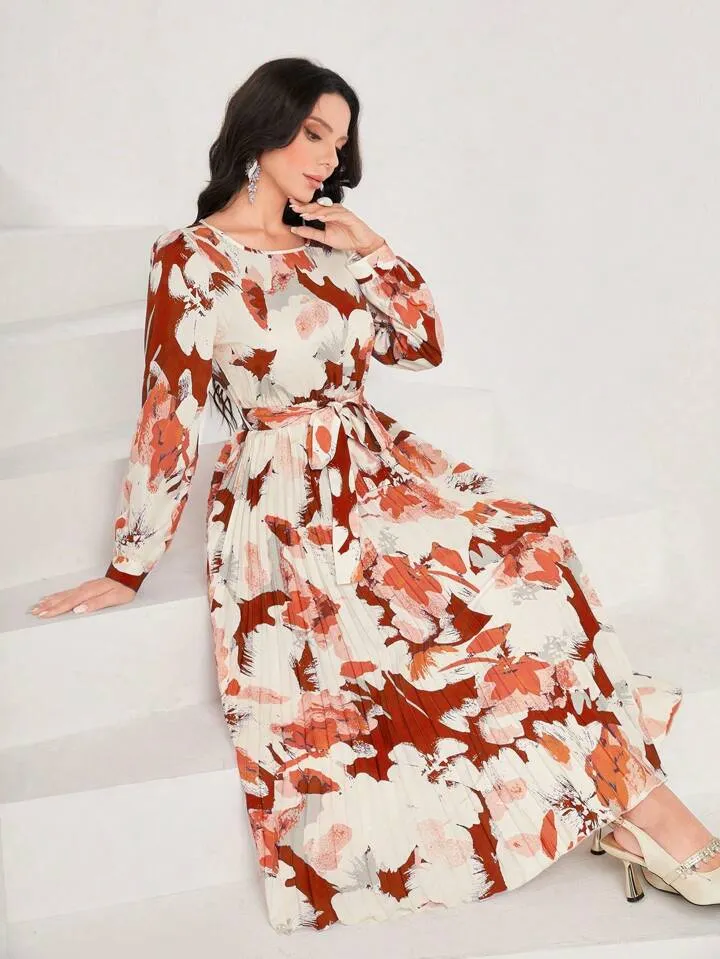 CM-DS548553 Women Casual Seoul Style Floral Print Round Neck Pleated Hem Dress