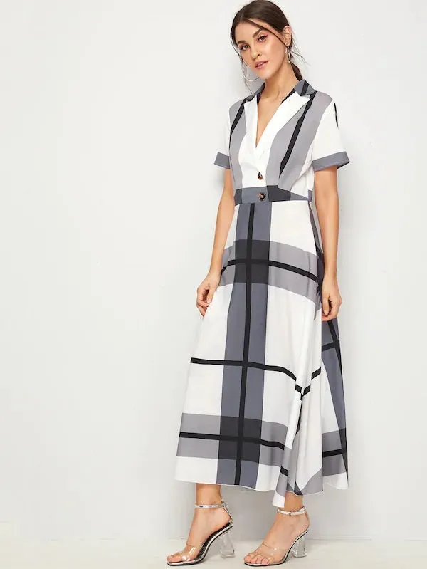 CM-DS605968 Women Casual Seoul Style Notch Collar Buttoned Front Plaid Flared Long Dress