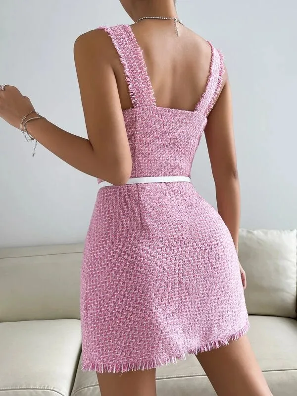 CM-DS632802 Women Elegant Seoul Style Sleeveless Raw Trim Tweed Dress - Baby Pink