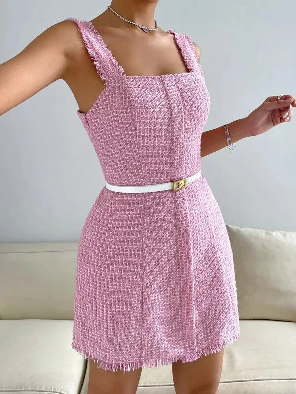 CM-DS632802 Women Elegant Seoul Style Sleeveless Raw Trim Tweed Dress - Baby Pink