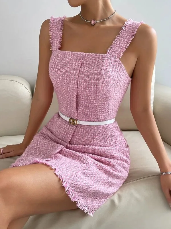 CM-DS632802 Women Elegant Seoul Style Sleeveless Raw Trim Tweed Dress - Baby Pink
