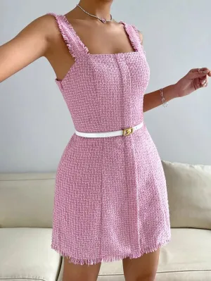 CM-DS632802 Women Elegant Seoul Style Sleeveless Raw Trim Tweed Dress - Baby Pink