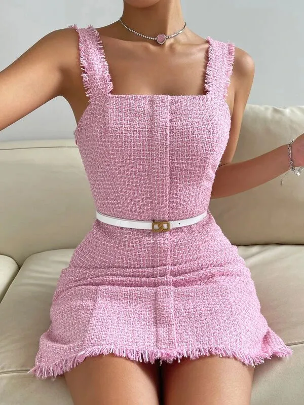 CM-DS632802 Women Elegant Seoul Style Sleeveless Raw Trim Tweed Dress - Baby Pink