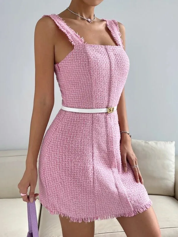 CM-DS632802 Women Elegant Seoul Style Sleeveless Raw Trim Tweed Dress - Baby Pink