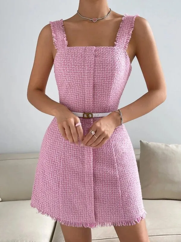 CM-DS632802 Women Elegant Seoul Style Sleeveless Raw Trim Tweed Dress - Baby Pink
