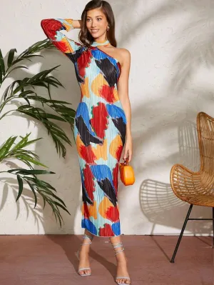 CM-DS641134 Women Casual Seoul Style Abstract Plisse One Shoulder Dress