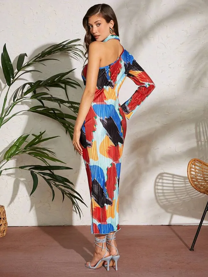 CM-DS641134 Women Casual Seoul Style Abstract Plisse One Shoulder Dress