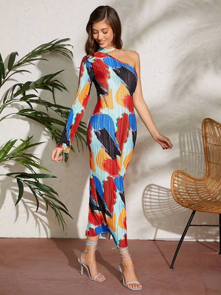 CM-DS641134 Women Casual Seoul Style Abstract Plisse One Shoulder Dress