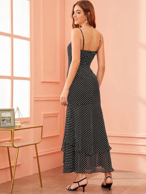 CM-DS701691 Women Casual Seoul Style Polka-Dot Split Thigh Layered Hem Slip Dress - Black