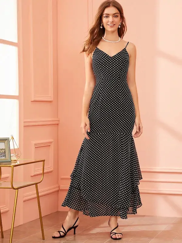 CM-DS701691 Women Casual Seoul Style Polka-Dot Split Thigh Layered Hem Slip Dress - Black