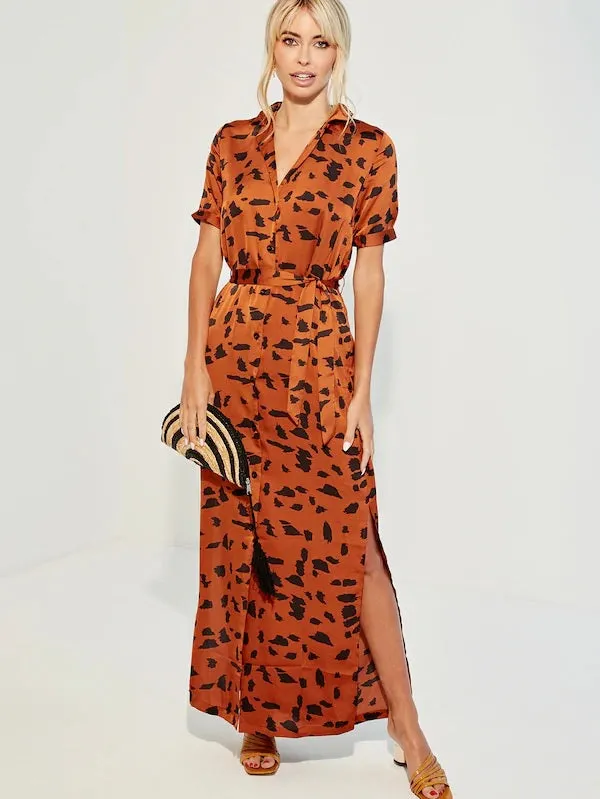 CM-DS731332 Women Casual Seoul Style Short Sleeve Print Slit Side Belted Satin Dress - Orange