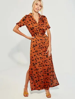 CM-DS731332 Women Casual Seoul Style Short Sleeve Print Slit Side Belted Satin Dress - Orange