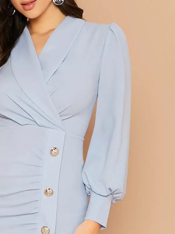 CM-DS815934 Women Elegant Seoul Style Shawl Collar Lantern Sleeve Buttoned Split Hem Dress - Blue