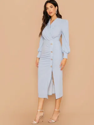 CM-DS815934 Women Elegant Seoul Style Shawl Collar Lantern Sleeve Buttoned Split Hem Dress - Blue