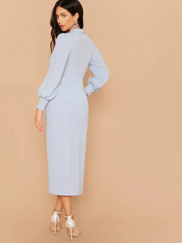 CM-DS815934 Women Elegant Seoul Style Shawl Collar Lantern Sleeve Buttoned Split Hem Dress - Blue