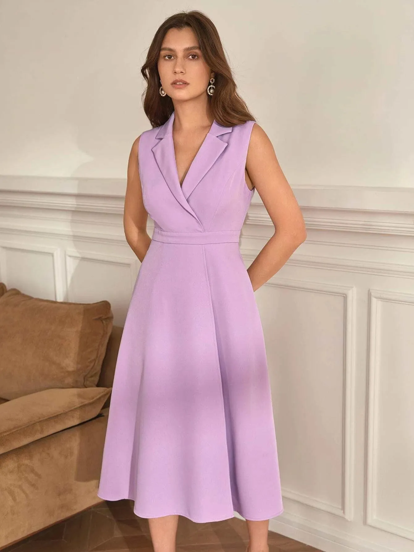 CM-DS871750 Women Elegant Seoul Style Lapel Neck Sleeveless Dress - Purple