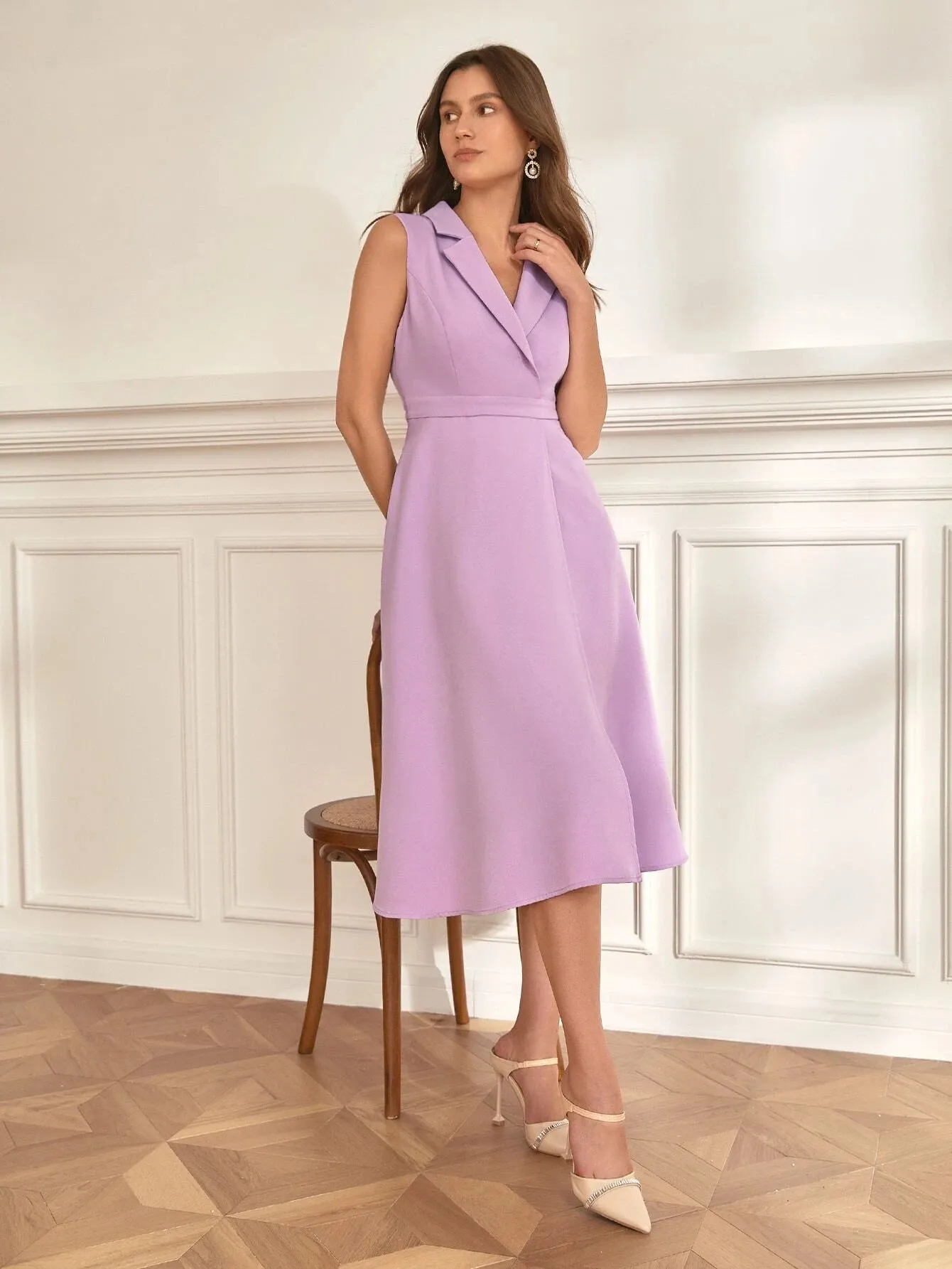 CM-DS871750 Women Elegant Seoul Style Lapel Neck Sleeveless Dress - Purple