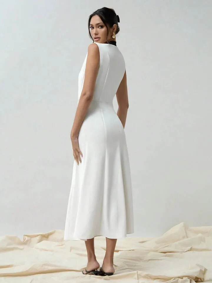 CM-DS902728 Women Elegant Seoul Style Stand Collar Contrast Color Sleeveless Fish Tail Dress
