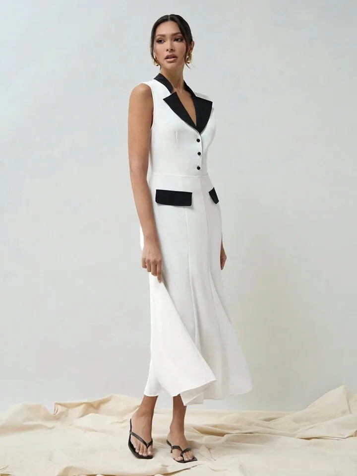 CM-DS902728 Women Elegant Seoul Style Stand Collar Contrast Color Sleeveless Fish Tail Dress