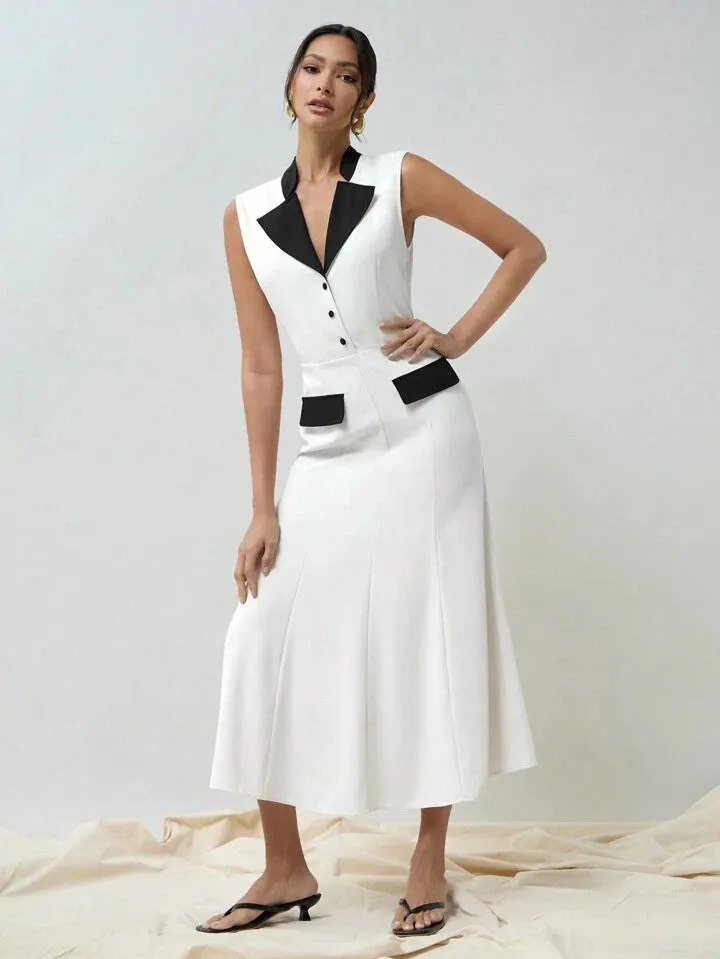 CM-DS902728 Women Elegant Seoul Style Stand Collar Contrast Color Sleeveless Fish Tail Dress