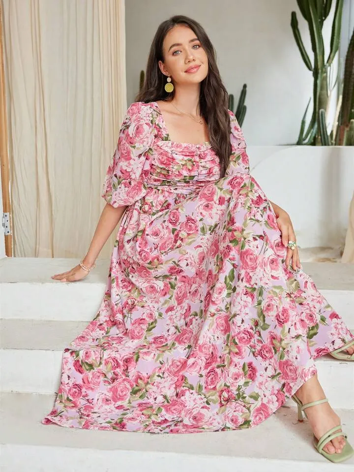 CM-DS917498 Women Trendy Bohemian Style Floral Print Square Neckline Pleated Dress