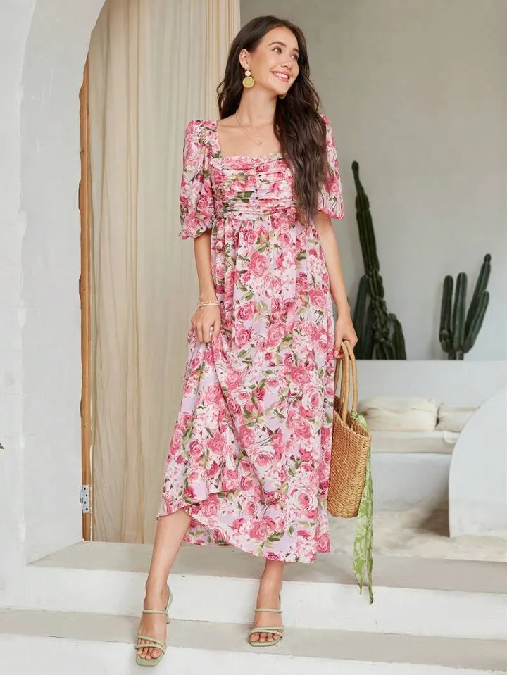 CM-DS917498 Women Trendy Bohemian Style Floral Print Square Neckline Pleated Dress