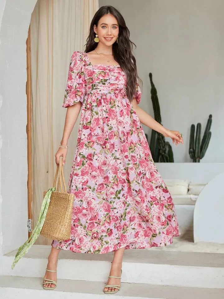 CM-DS917498 Women Trendy Bohemian Style Floral Print Square Neckline Pleated Dress
