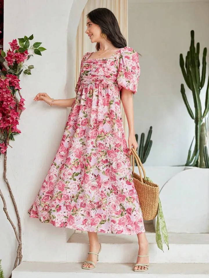CM-DS917498 Women Trendy Bohemian Style Floral Print Square Neckline Pleated Dress