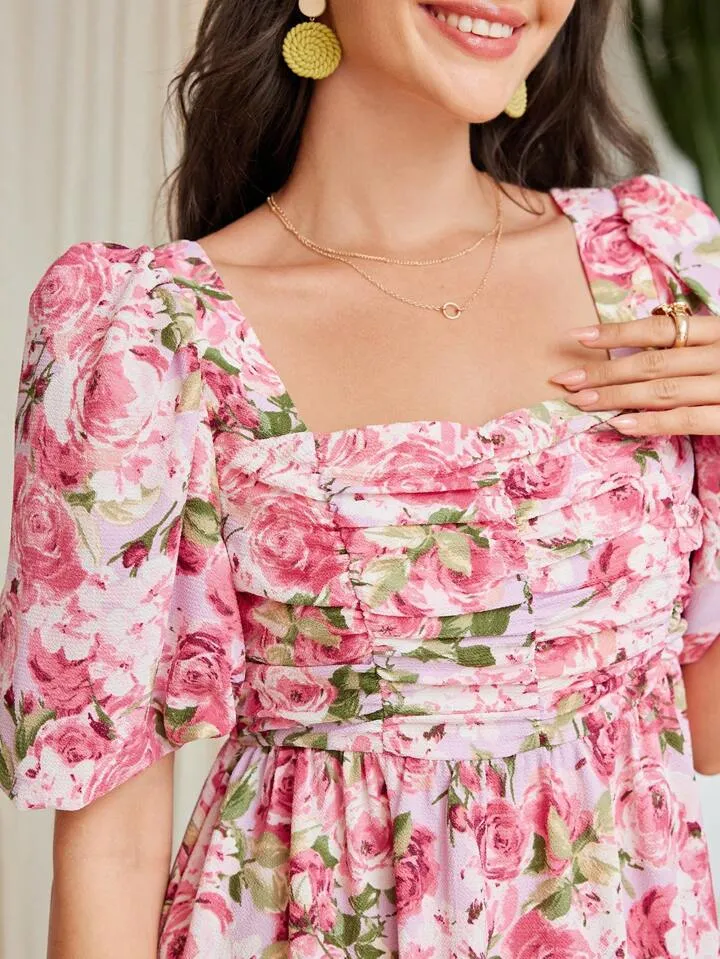 CM-DS917498 Women Trendy Bohemian Style Floral Print Square Neckline Pleated Dress