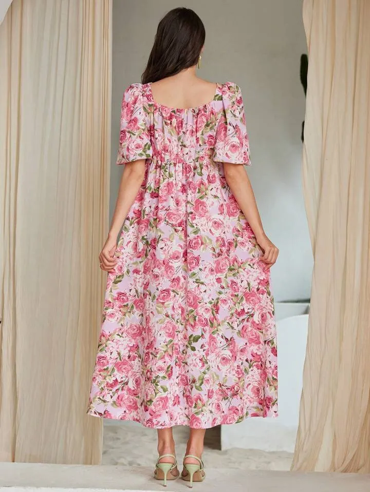 CM-DS917498 Women Trendy Bohemian Style Floral Print Square Neckline Pleated Dress