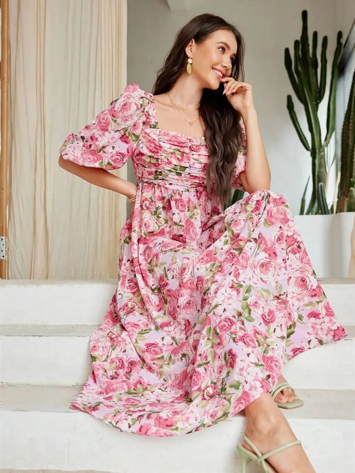 CM-DS917498 Women Trendy Bohemian Style Floral Print Square Neckline Pleated Dress