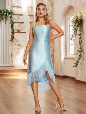 CM-DS992940 Women Elegant Seoul Style Splice Tassel Hem Cami Midi Dress - Baby Blue