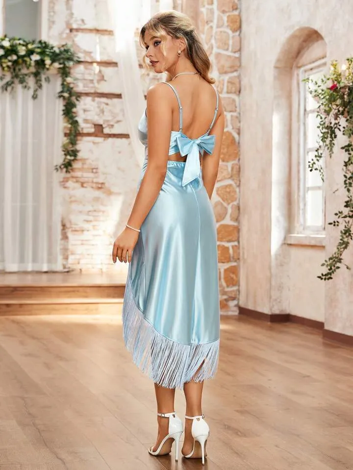 CM-DS992940 Women Elegant Seoul Style Splice Tassel Hem Cami Midi Dress - Baby Blue