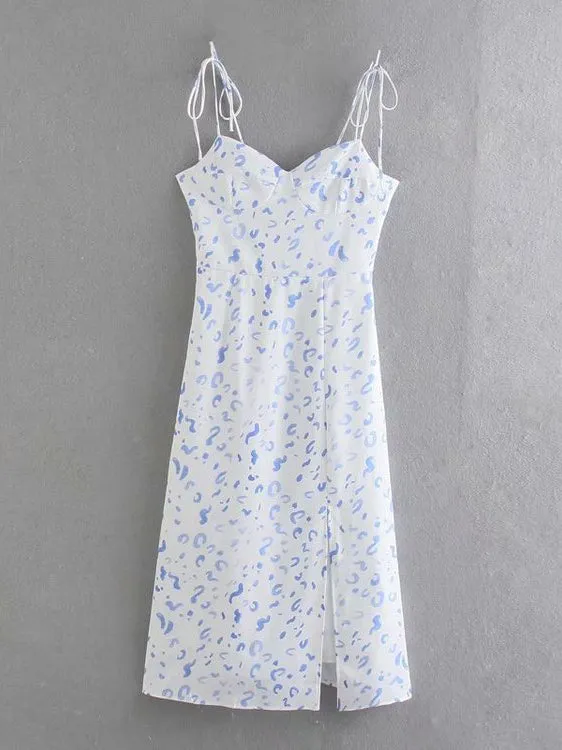 CM-DW052746 Women Vintage European Style Print Backless Camisole Midi Dress - White
